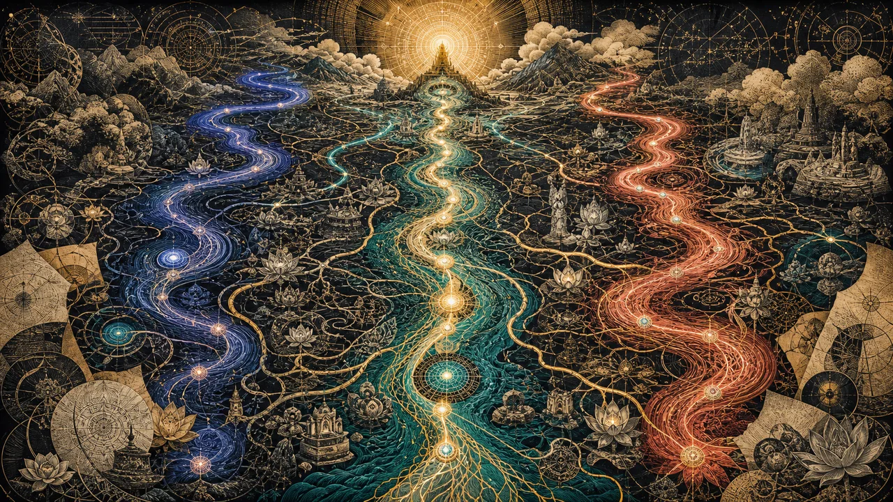 Pessoa meditando com canais luminosos de energia sutil atravessando o corpo e o campo energético