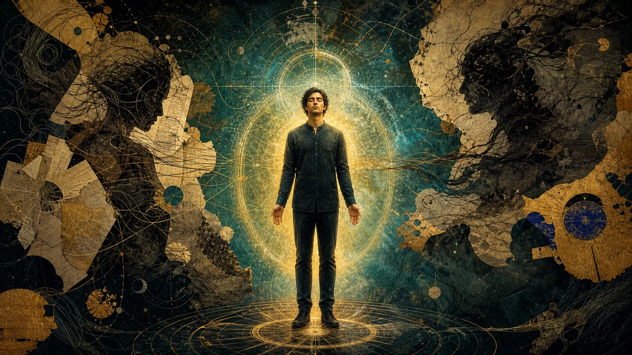 Pessoa com campo energético iluminado e uma presença sutil ao lado representando influência espiritual