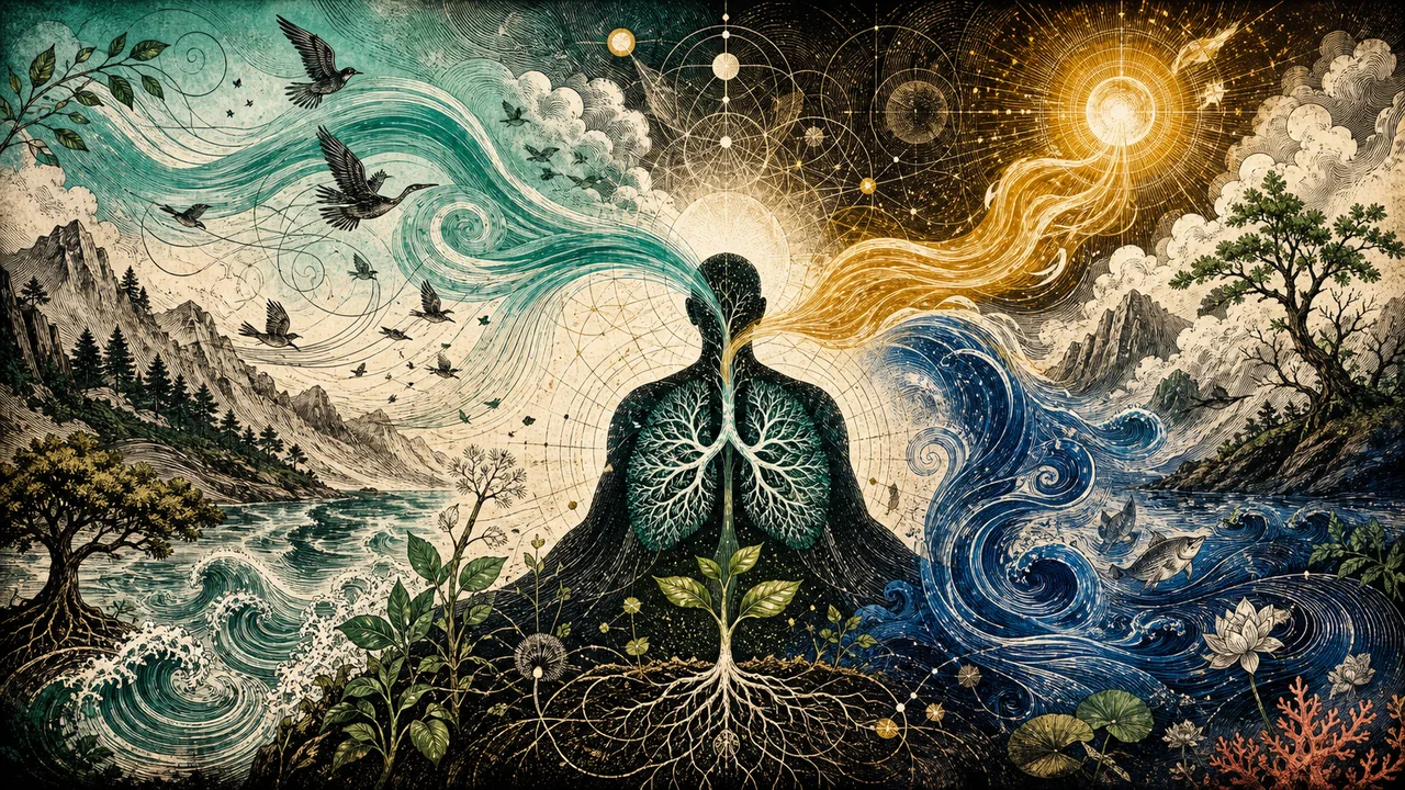 Pessoa meditando com fluxos de energia vital circulando entre natureza, respiração e corpo energético