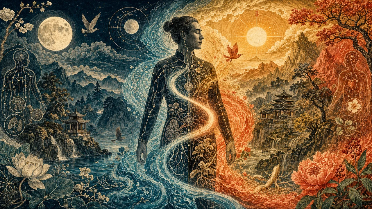 Representação de Yin e Yang com paisagens de noite e dia, repouso e movimento integradas ao corpo humano