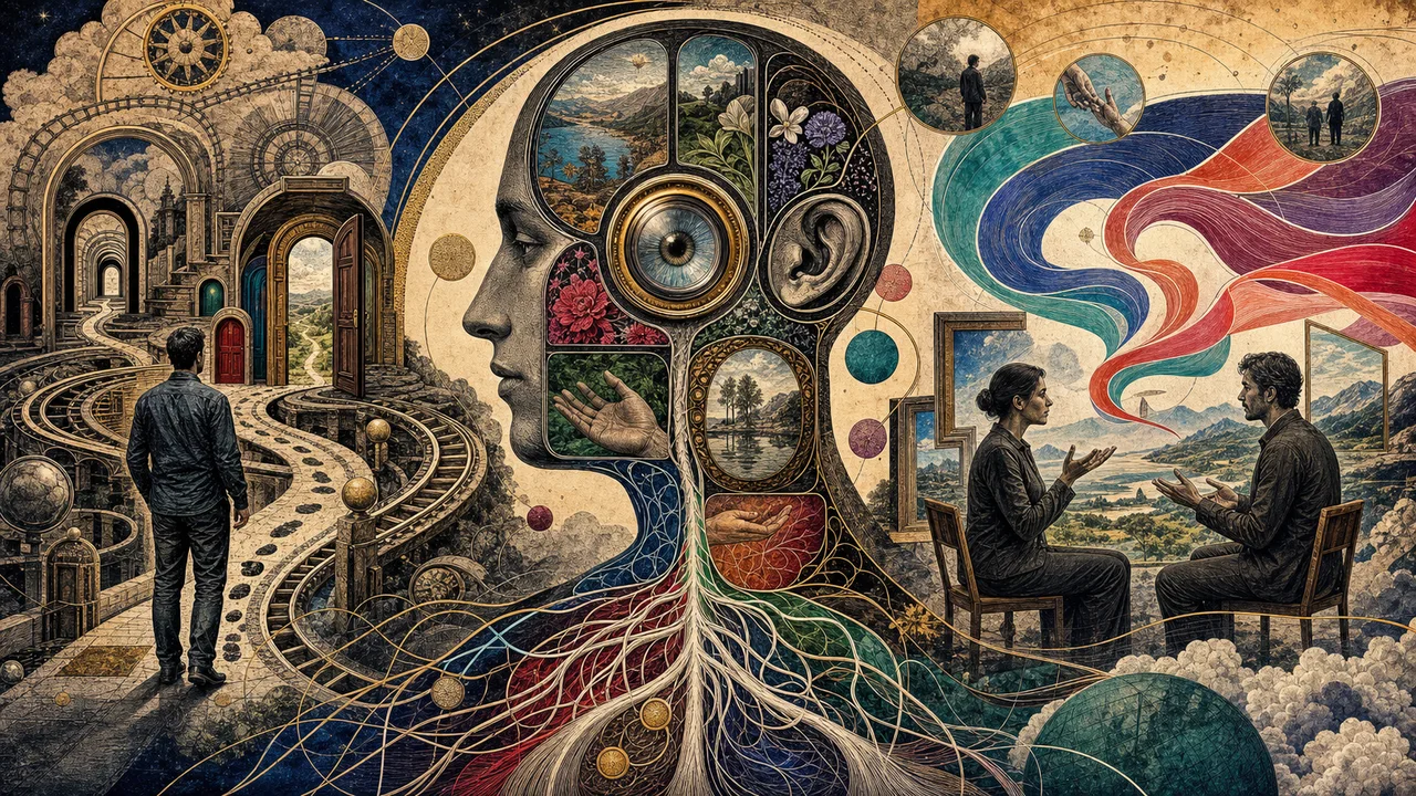 Pessoa refletindo com conexões entre cérebro, sentidos, linguagem e comportamento