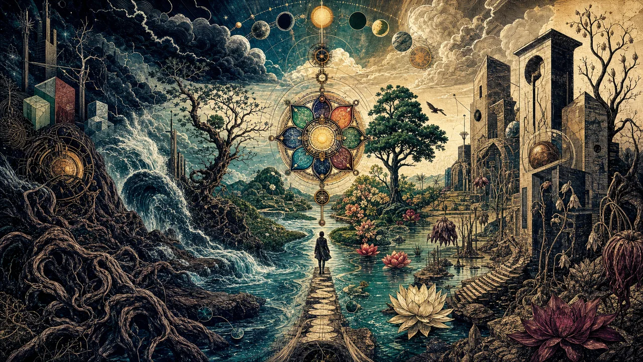 Pessoa em meditação com sete chakras alinhados e energia equilibrada em ambiente espiritual sereno