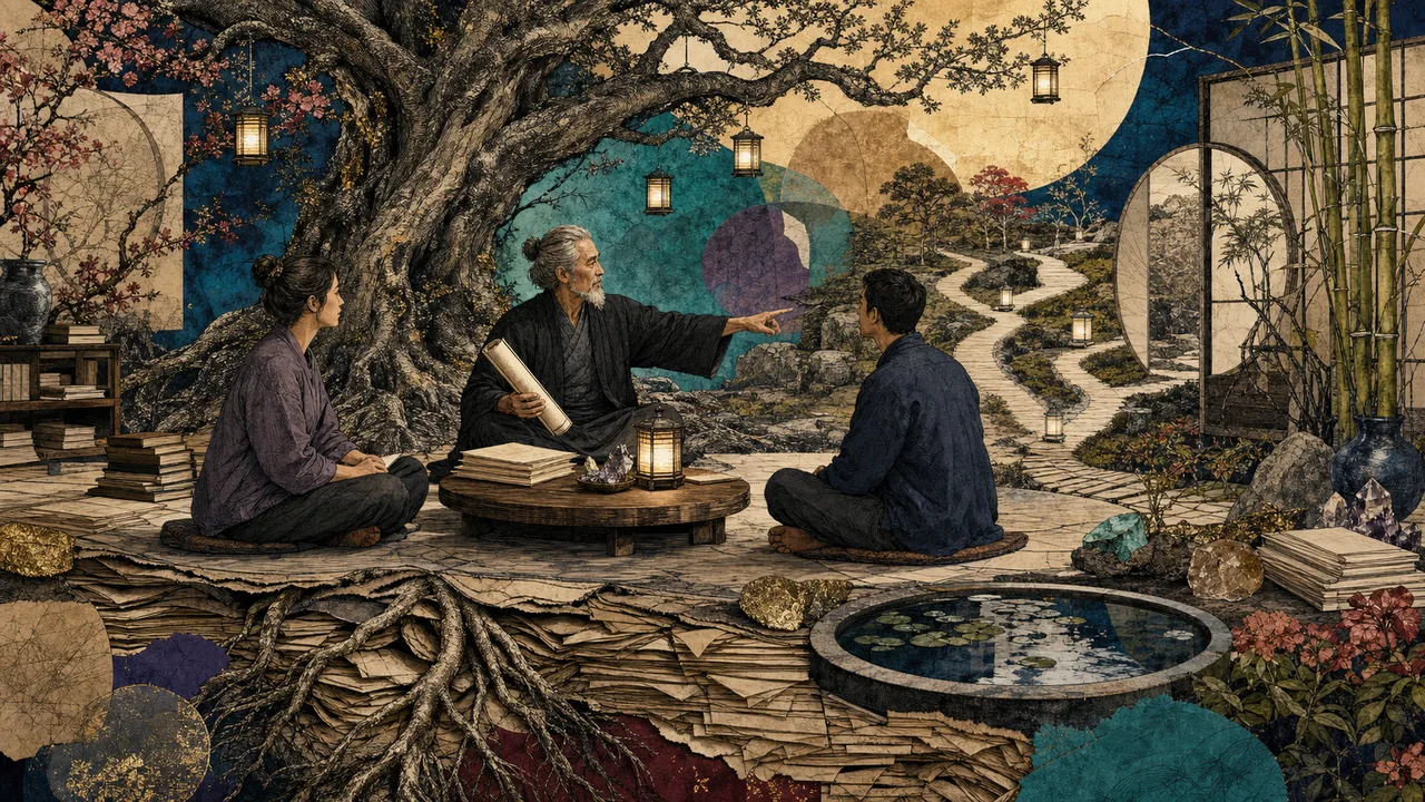 Mestre de Reiki orientando alunos em ambiente tranquilo com luz suave nas mãos representando ensino e responsabilidade