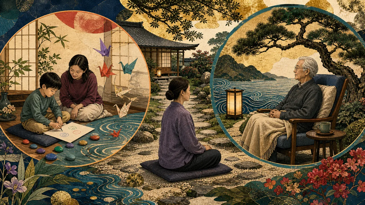 Aplicação de Reiki em criança e idosa com luz suave em ambiente acolhedor e seguro