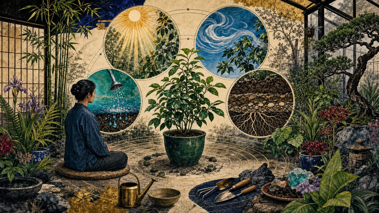 Aplicação de Reiki em planta com mãos próximas, luz dourada nas folhas, raízes e solo