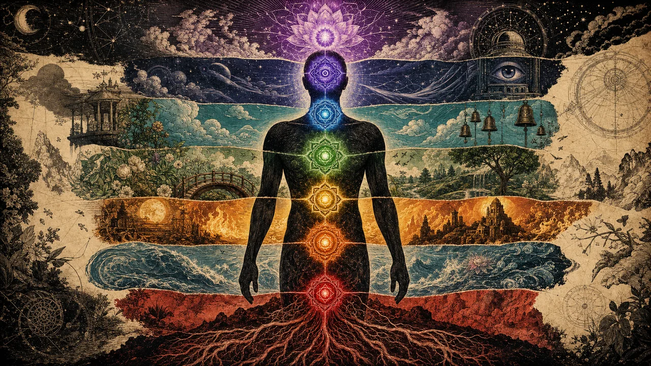 Pessoa meditando com sete chakras alinhados e campo energético ao redor do corpo