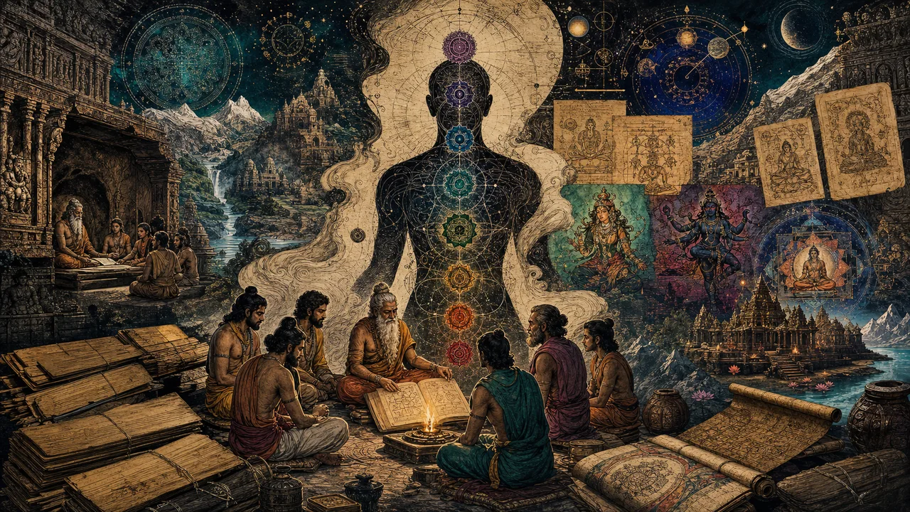 Representação simbólica da origem do conhecimento sobre chakras nas tradições indianas antigas
