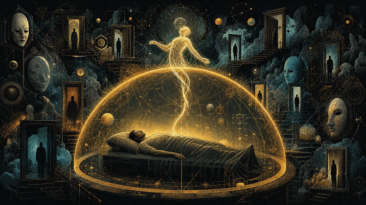 Corpo astral luminoso ligado ao corpo físico por um cordão de luz durante uma projeção astral segura