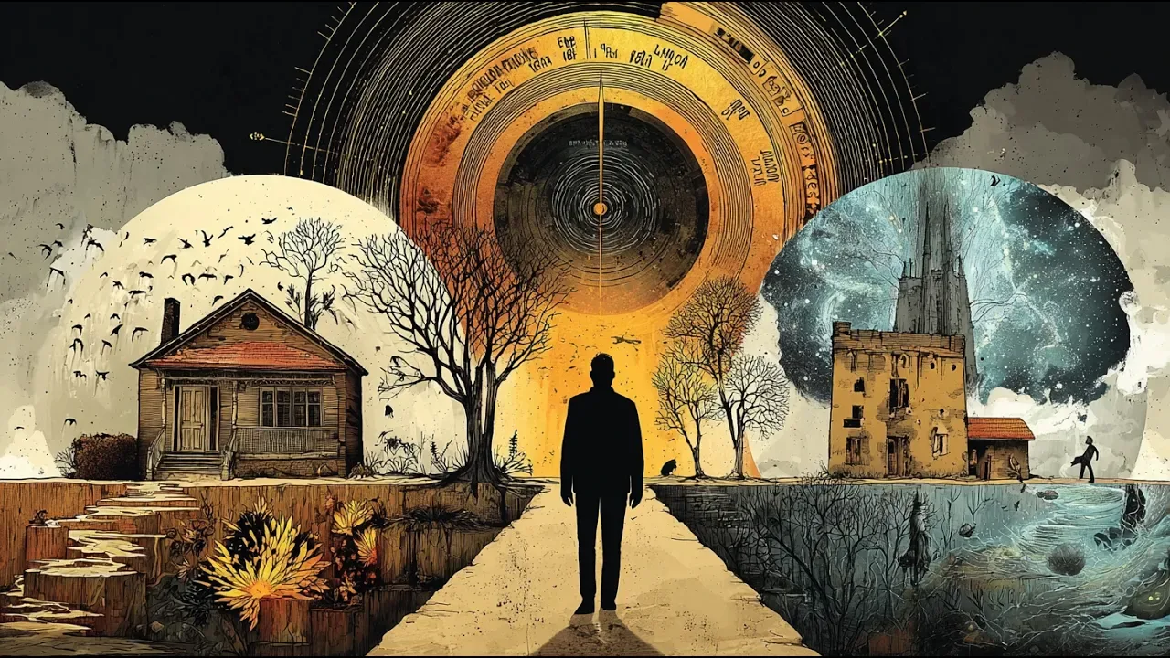 Pessoa diante de um caminho entre uma casa física e uma cidade espiritual sob um grande dial de frequências