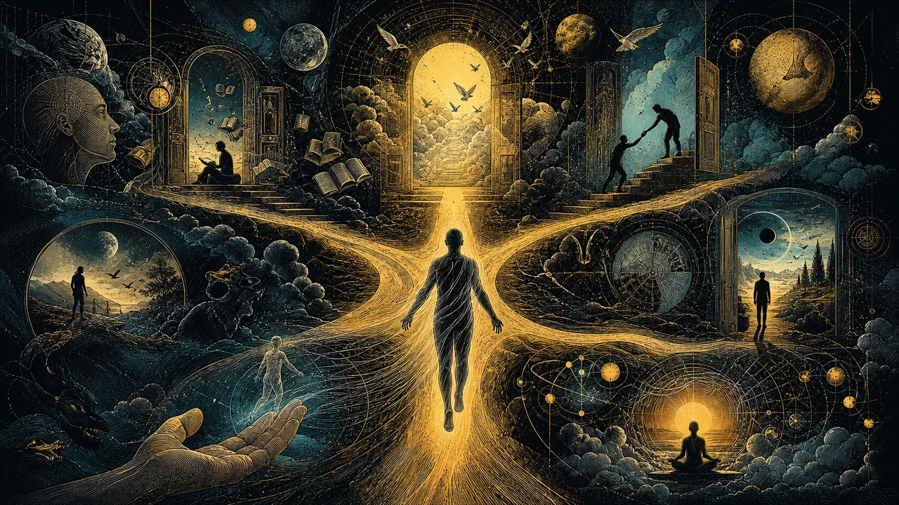 Consciência luminosa se projetando fora do corpo físico durante o sono, com cenas de aprendizado espiritual ao redor