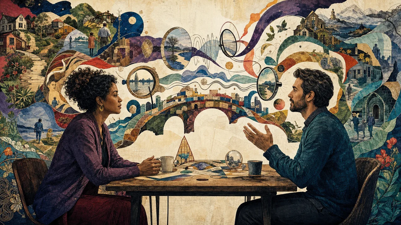Duas pessoas conversando com símbolos de escuta, interpretação e comunicação consciente