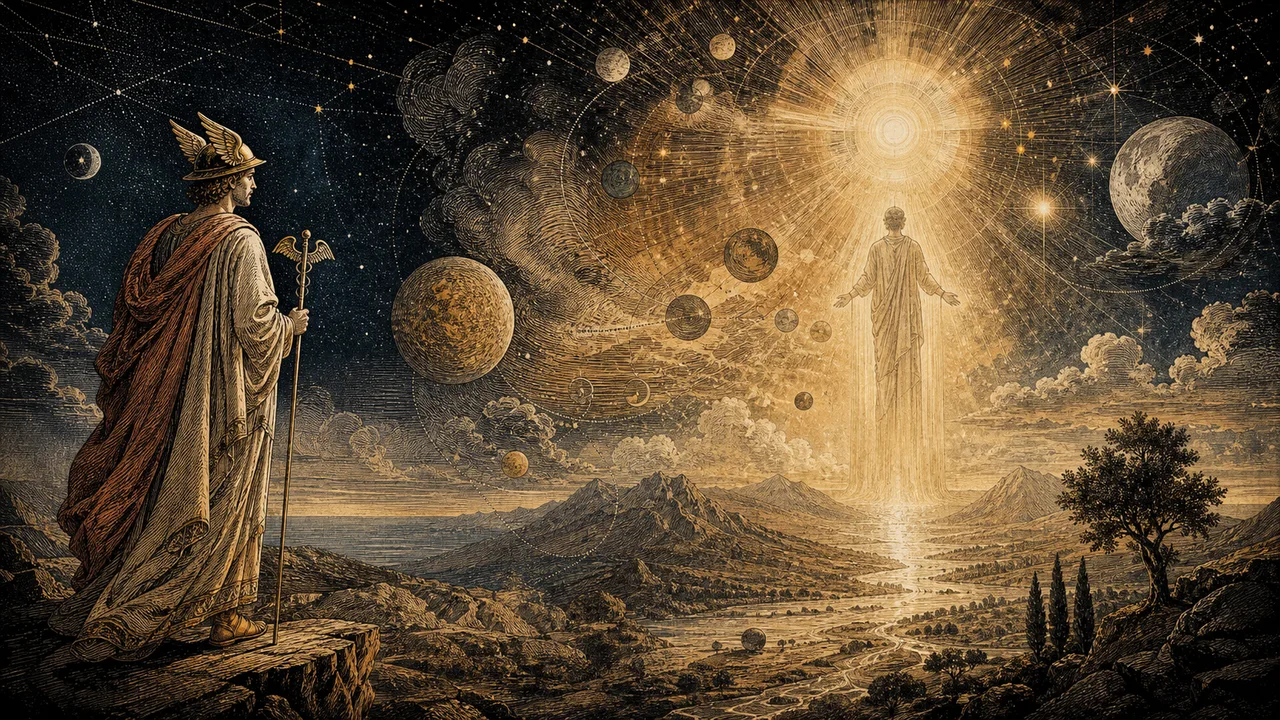 Hermes diante de Poimandres contemplando a criação do cosmos e a origem espiritual do ser humano