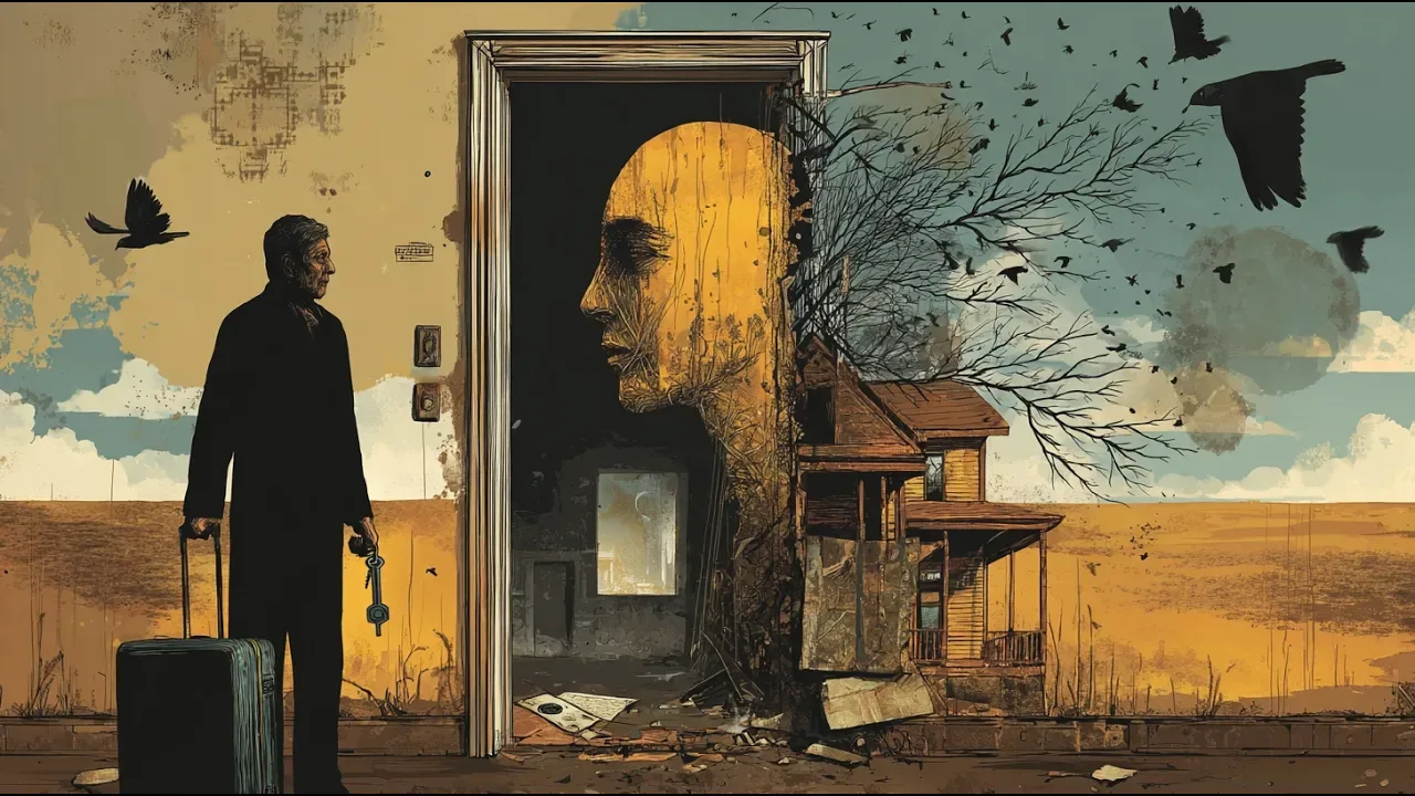 Homem com uma mala diante de uma porta que representa a passagem entre a vida e a morte
