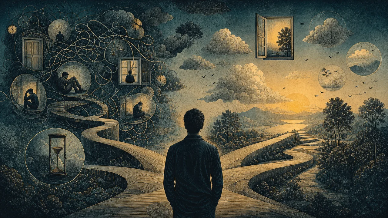 Pessoa praticando mindfulness com pensamentos dispersos ao redor, representando dificuldades comuns na prática