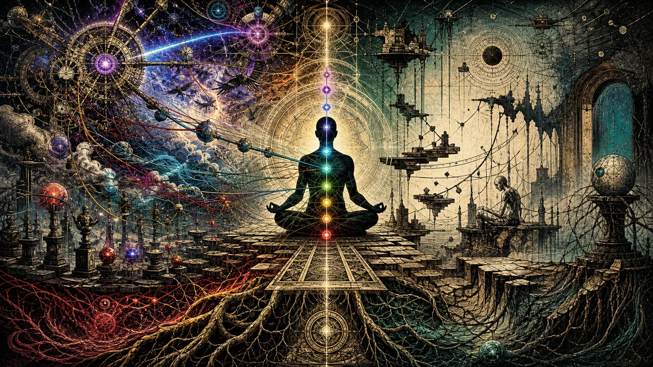Pessoa meditando com chakras alinhados entre sinais de desorganização e equilíbrio energético