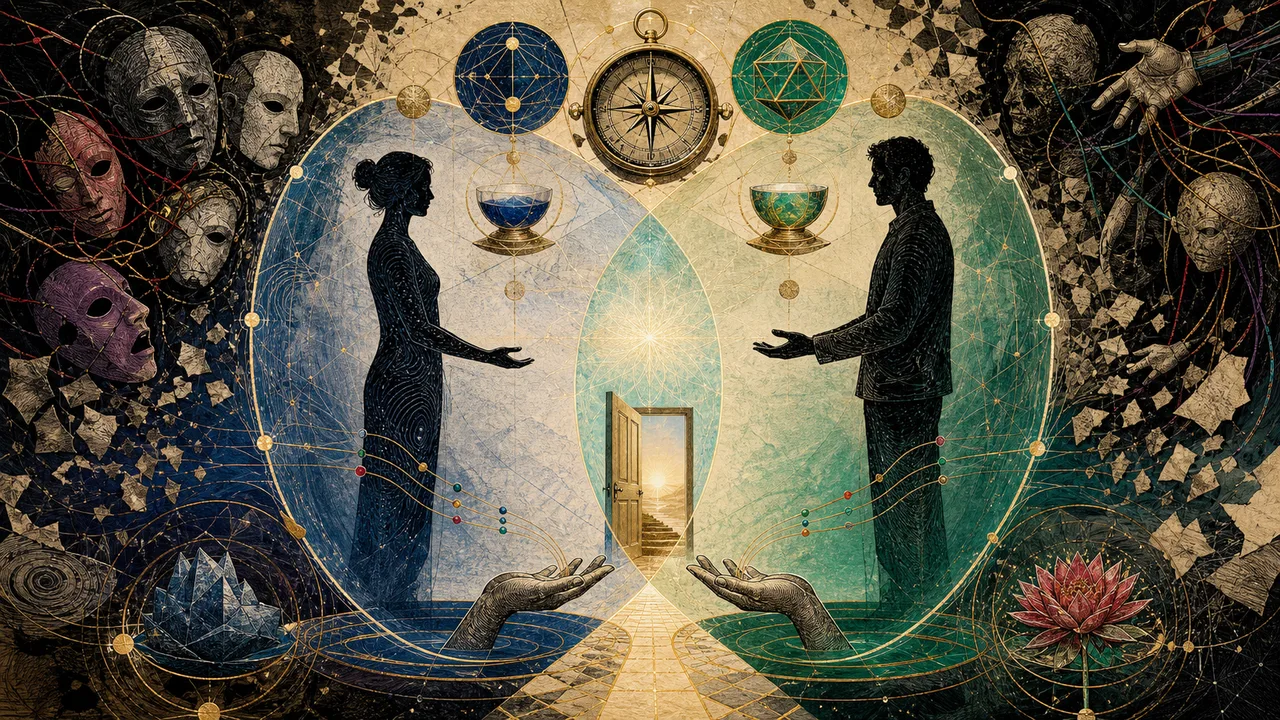 Atendimento de terapia vibracional com símbolos de cuidado, equilíbrio e responsabilidade ética