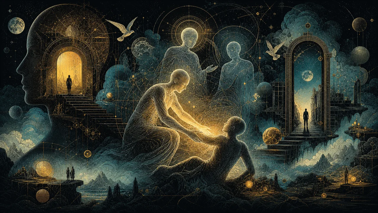 Consciências luminosas acolhendo uma pessoa em sofrimento durante uma atividade de assistência espiritual no plano astral
