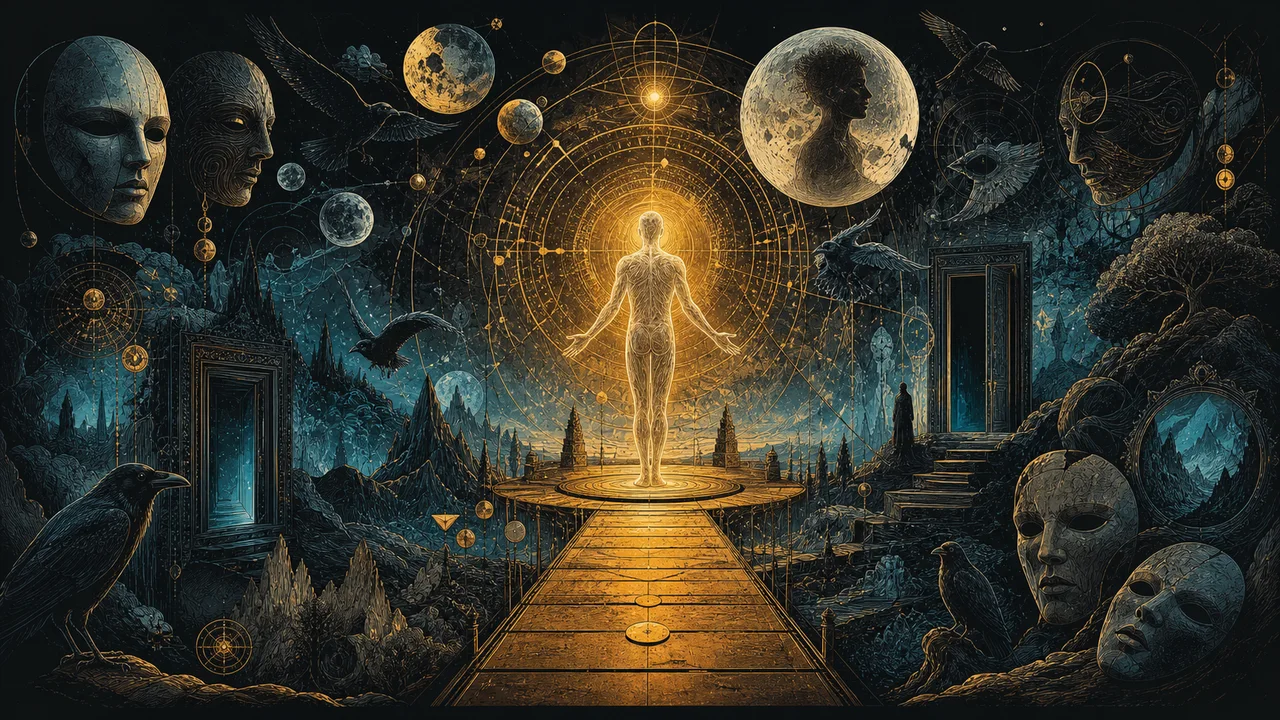 Corpo astral luminoso conectado ao corpo físico durante uma projeção segura, cercado por luz protetora