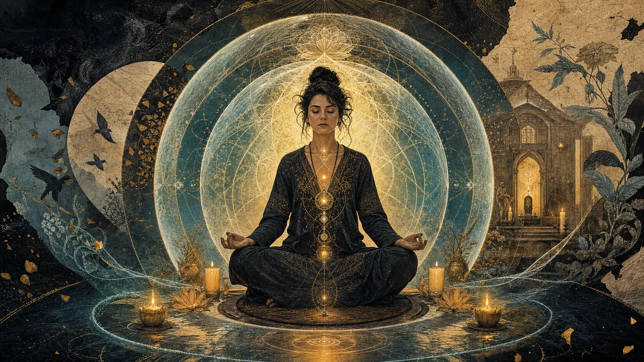 Pessoa meditando dentro de um campo luminoso de proteção energética