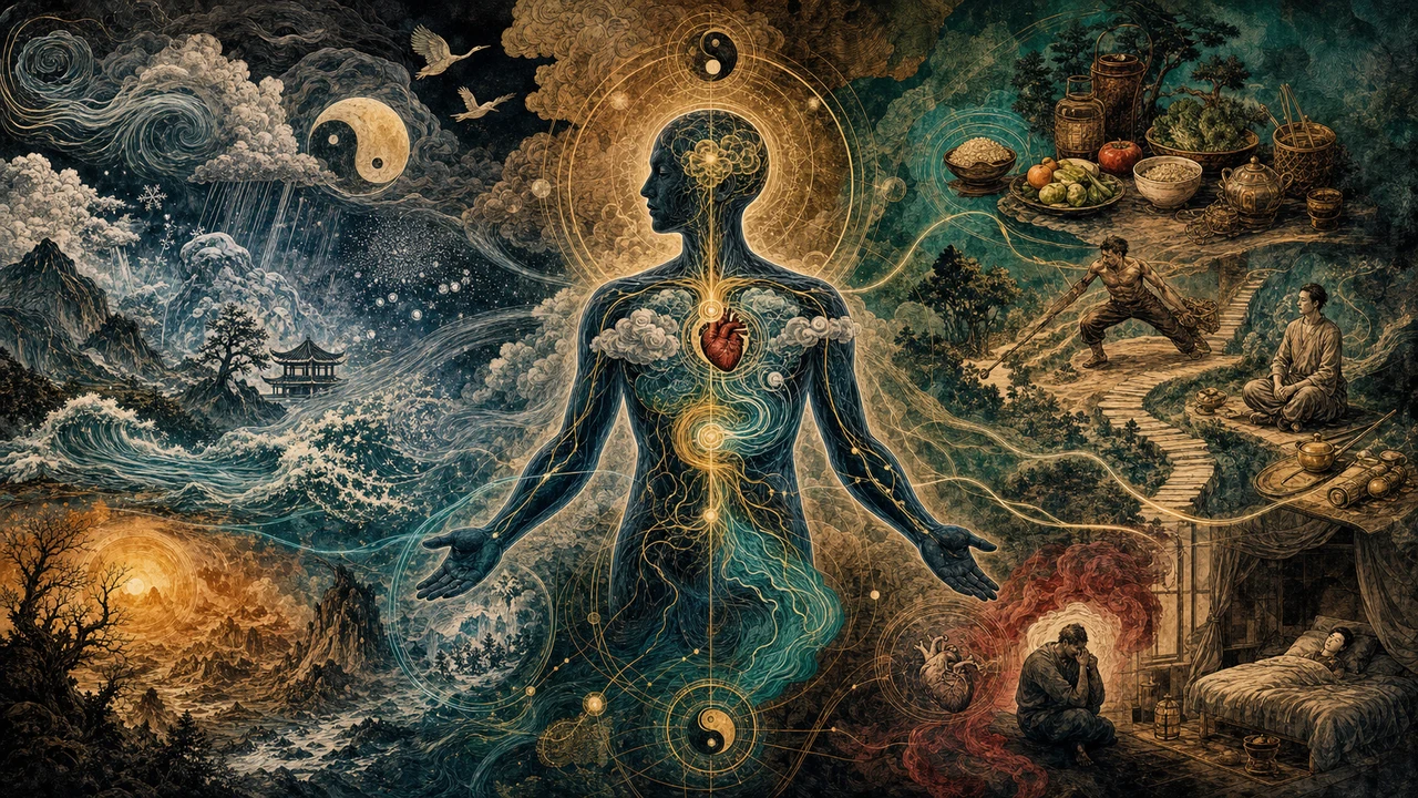 Representação surrealista das três principais causas das doenças na Medicina Chinesa