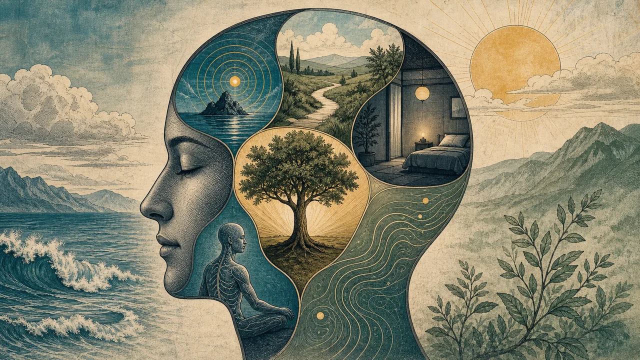 Pessoa em pausa consciente com símbolos sutis de foco, respiração, descanso e equilíbrio emocional