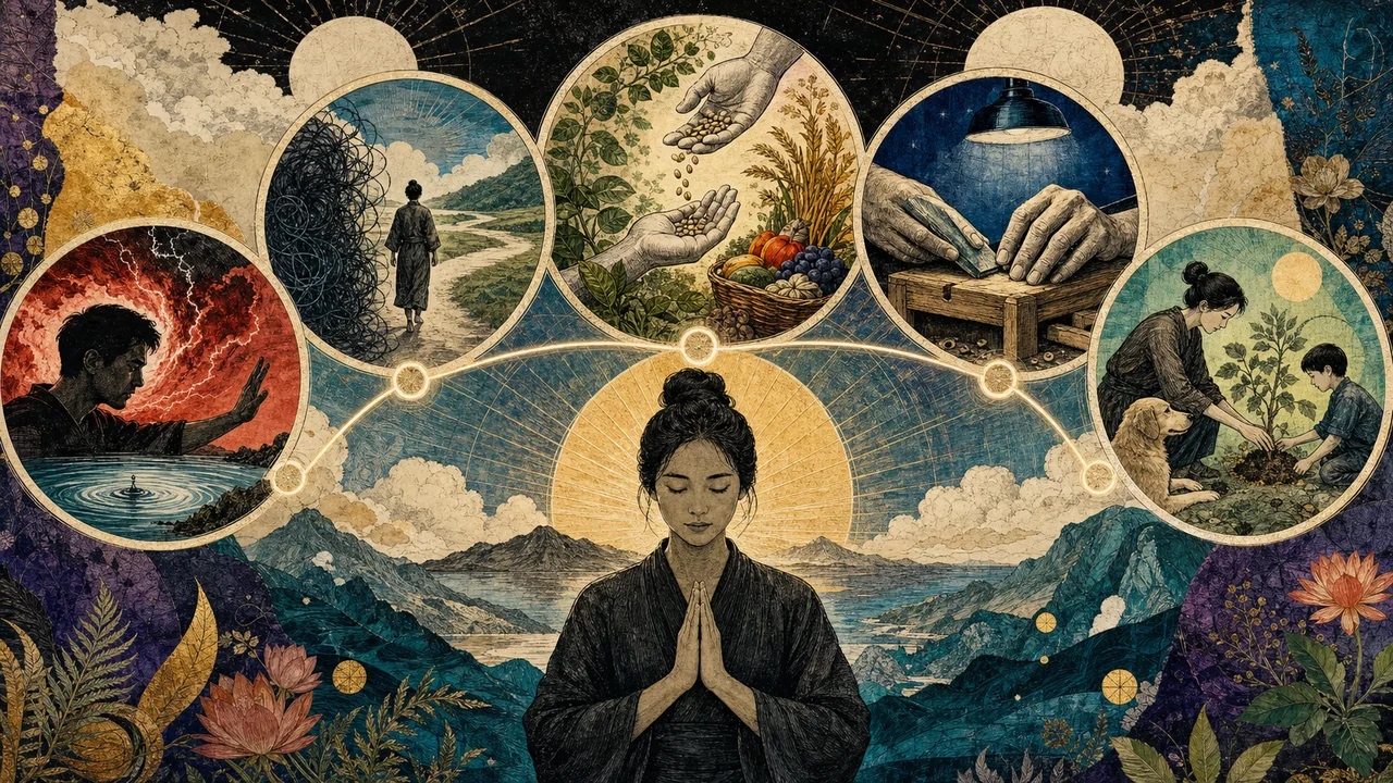 Praticante de Reiki em Gassho com cinco símbolos luminosos representando calma, confiança, gratidão, honestidade e gentileza