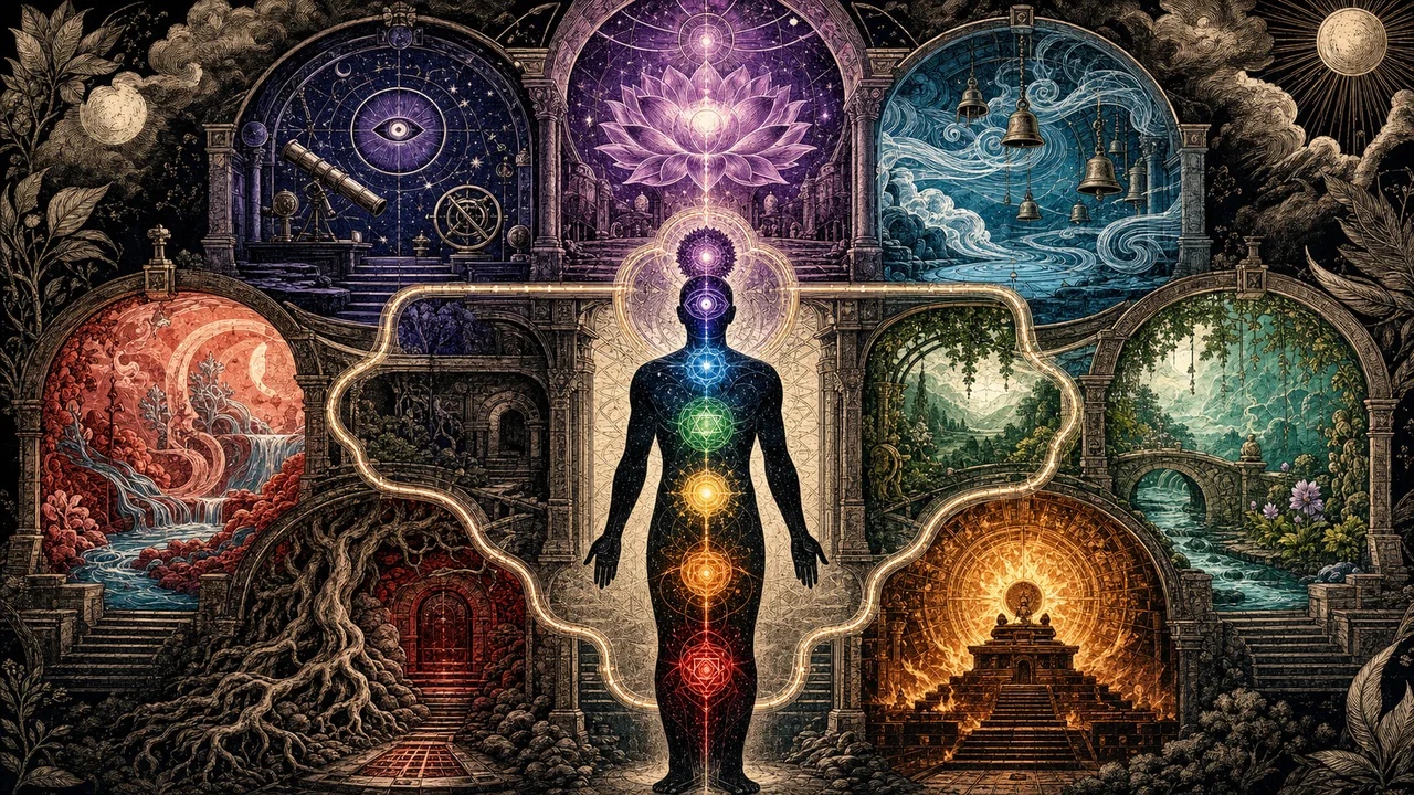Pessoa meditando com os sete chakras principais alinhados ao longo do corpo energético