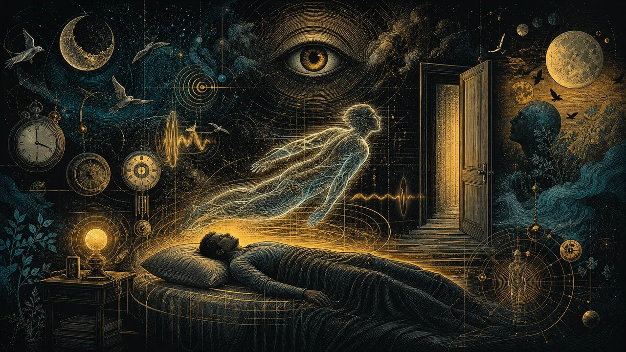 Corpo astral luminoso começando a flutuar sobre o corpo físico durante os sinais iniciais da projeção astral