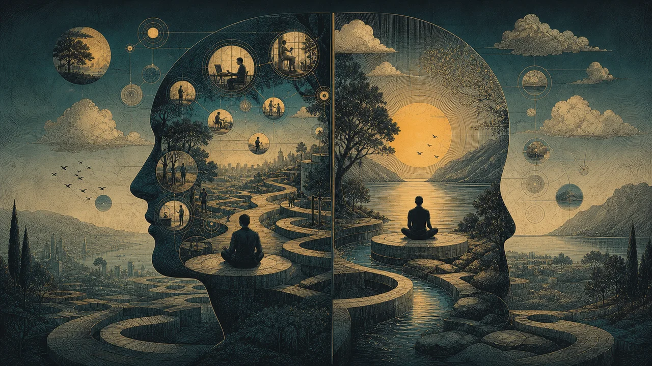 Pessoa meditando com cenas de atenção plena no cotidiano ao redor, representando a diferença entre mindfulness e meditação