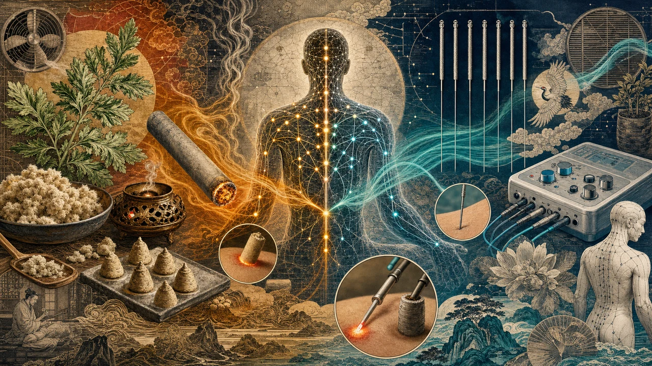 Composição surrealista comparando moxaterapia, moxabustão e acupuntura