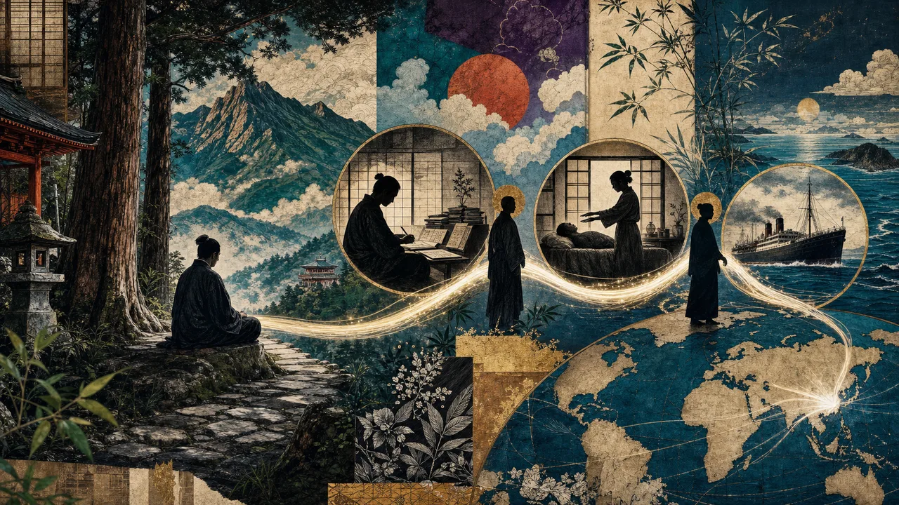 Praticante japonês meditando em ambiente de montanha com energia luminosa nas mãos, representando a origem do Reiki