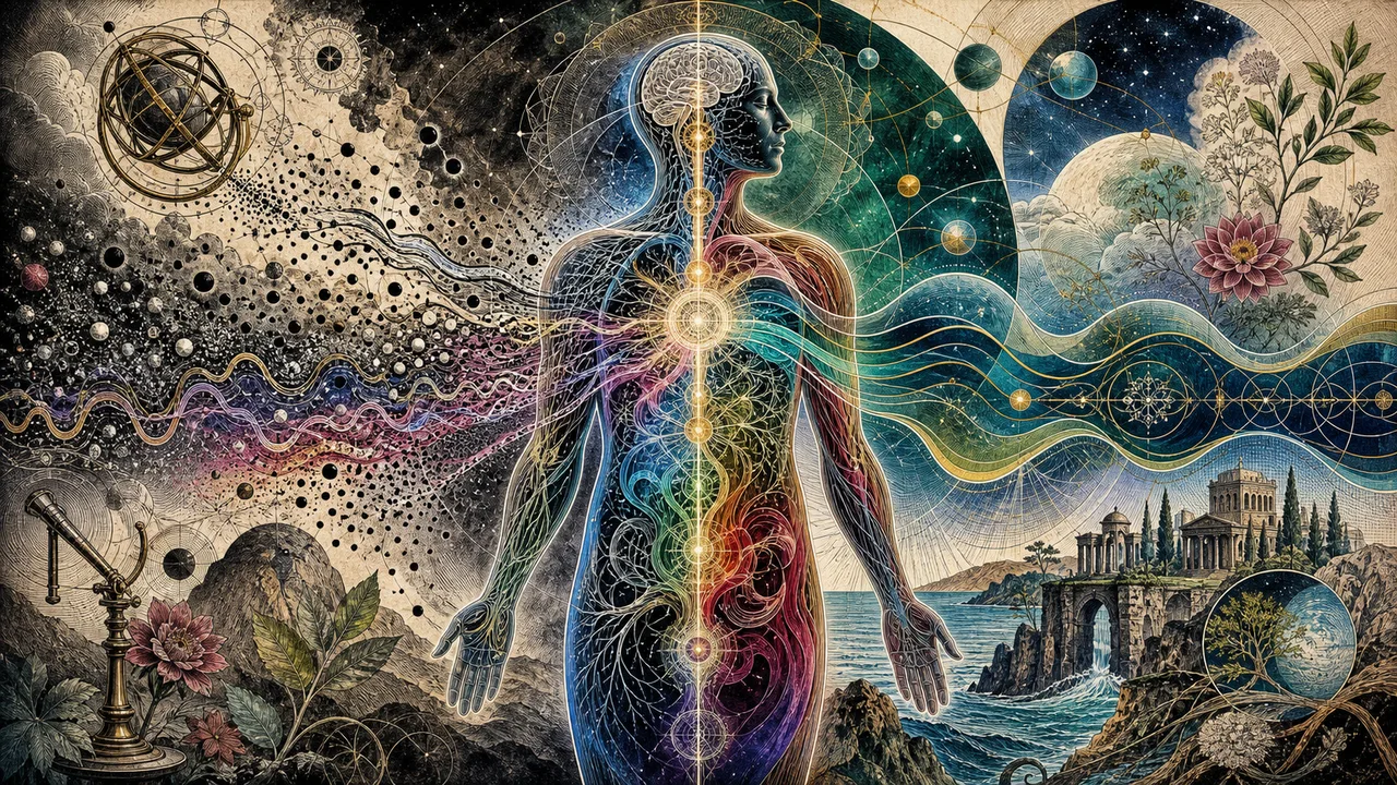 Figura humana cercada por ondas, partículas e campos de energia que representam a visão quântica da terapia vibracional