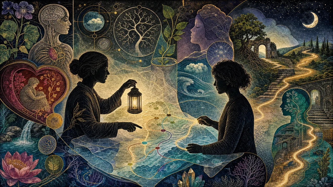 Terapeuta vibracional orientando uma pessoa com campo energético luminoso em um atendimento responsável