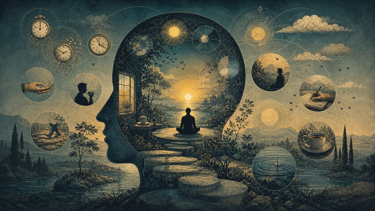 Pessoa praticando mindfulness em uma rotina calma com um relógio simples, representando constância diária