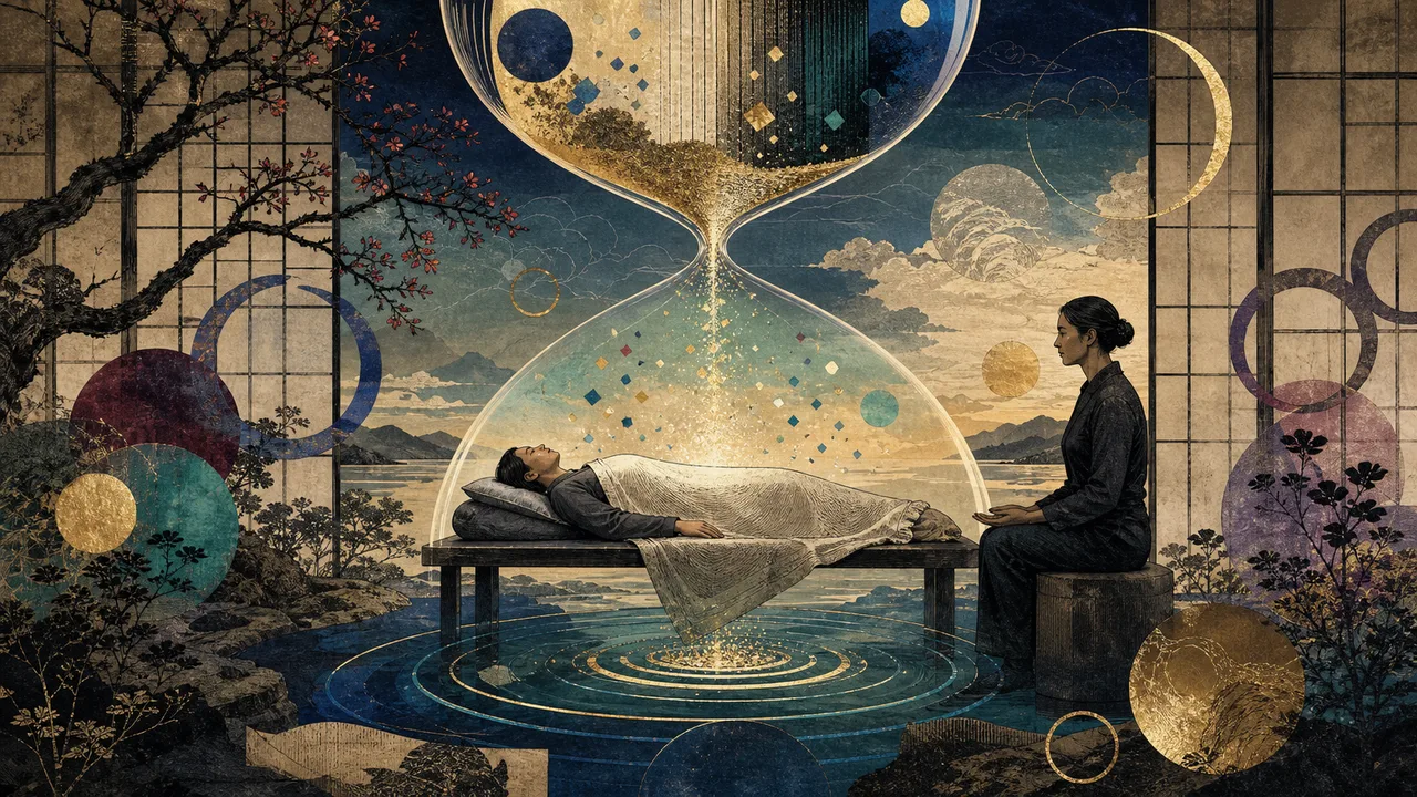 Sessão de Reiki em ambiente tranquilo com praticante aplicando energia e ampulheta ao fundo representando duração do atendimento