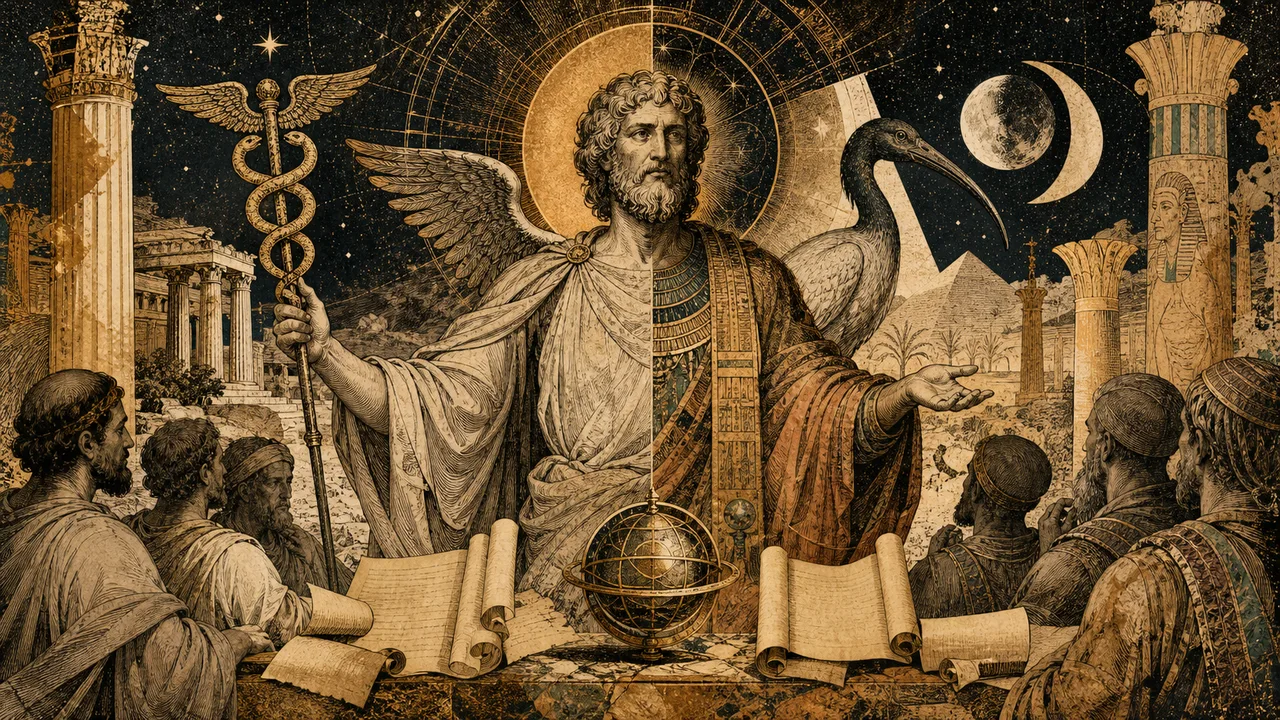 Hermes Trismegisto entre símbolos gregos e egípcios que representam a união entre Hermes e Thoth