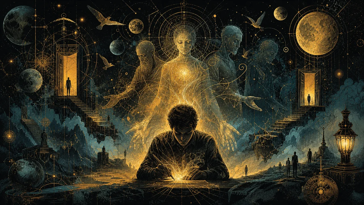 Amparadores espirituais auxiliando uma consciência durante a projeção astral em ambiente extrafísico sereno