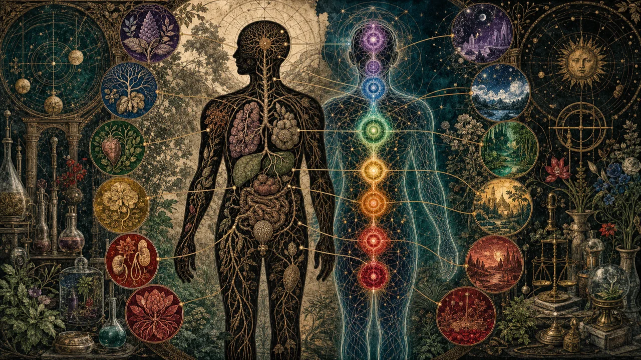 Corpo sutil com chakras luminosos sobreposto a órgãos, glândulas e redes nervosas