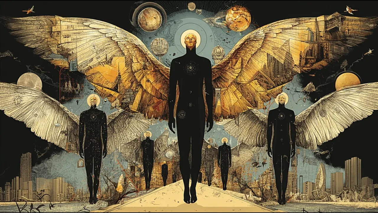 Seres alados em diferentes posições, representando mentores espirituais que orientam sem ocupar um lugar de superioridade