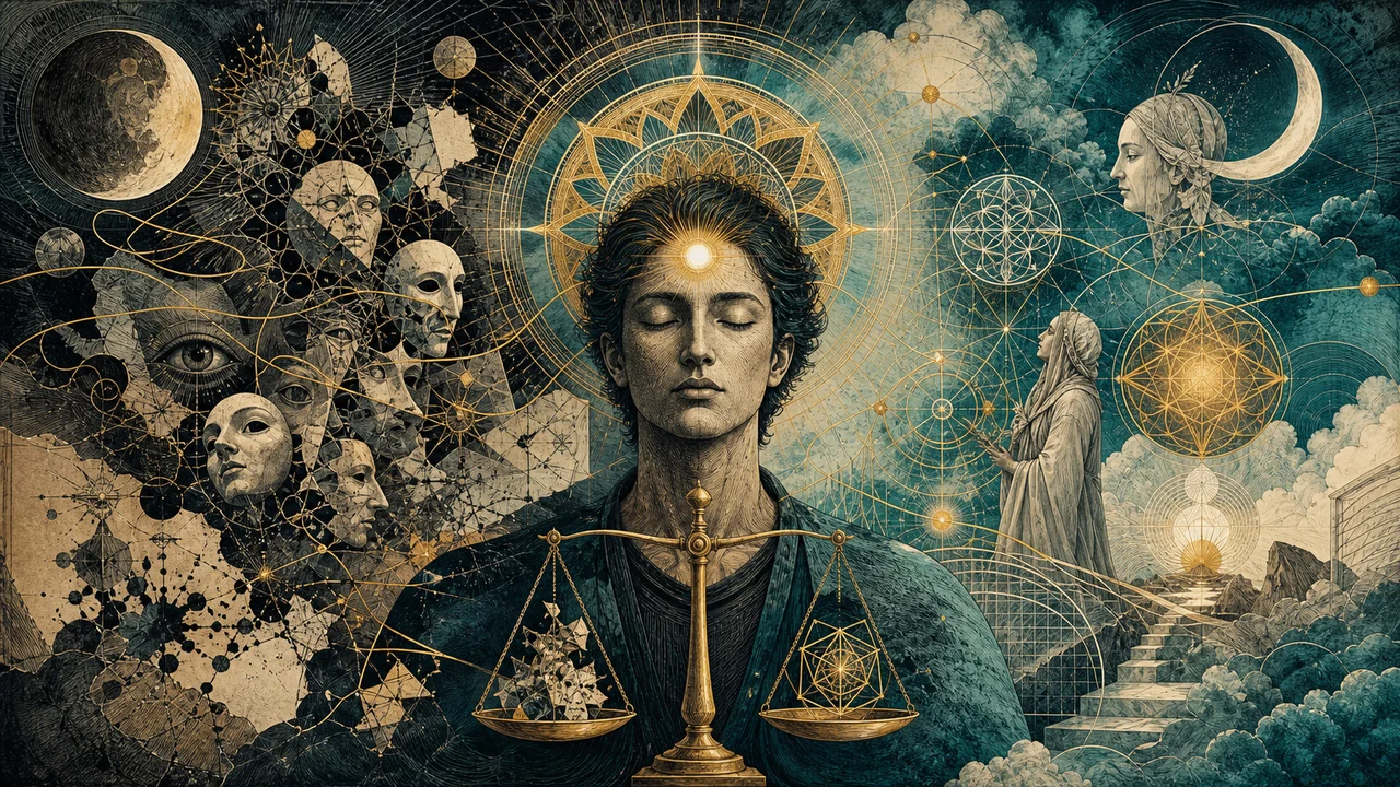 Pessoa em contemplação com luz no terceiro olho e símbolos de equilíbrio e discernimento espiritual