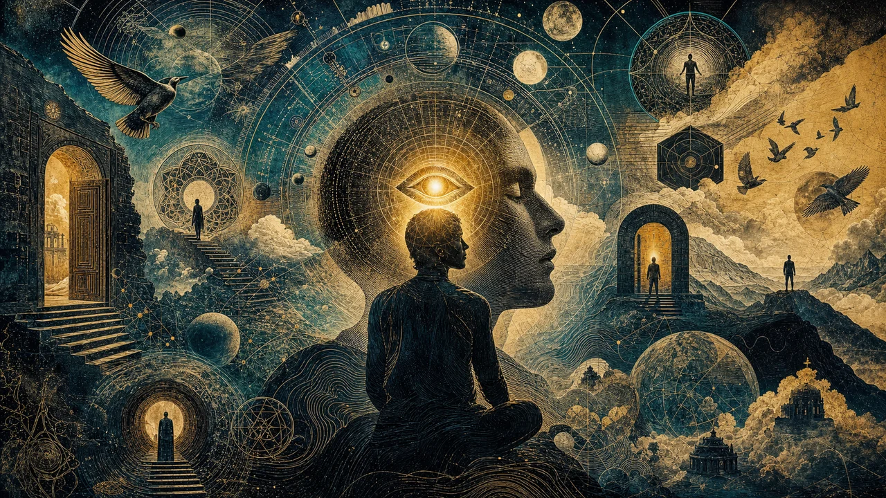 Pessoa com luz no terceiro olho observando camadas sutis da consciência em expansão