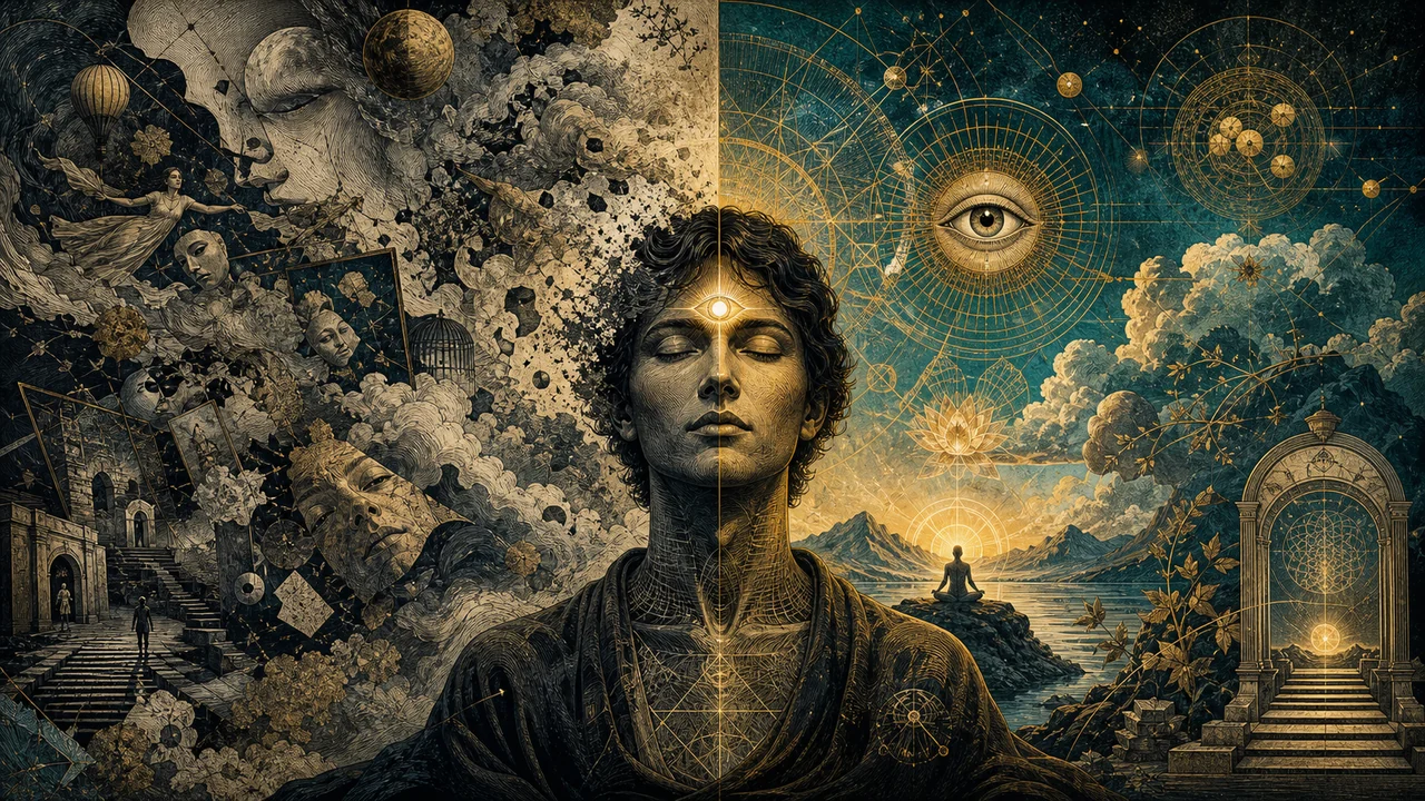 Pessoa em meditação com imagens mentais nebulosas de um lado e percepções espirituais claras do outro