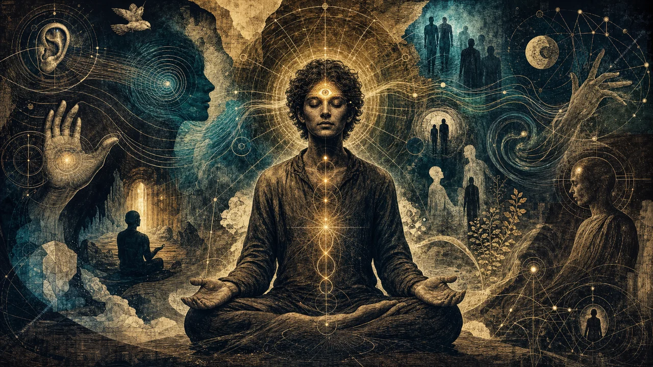 Pessoa em meditação com luz no terceiro olho e símbolos de diferentes formas de mediunidade ao redor