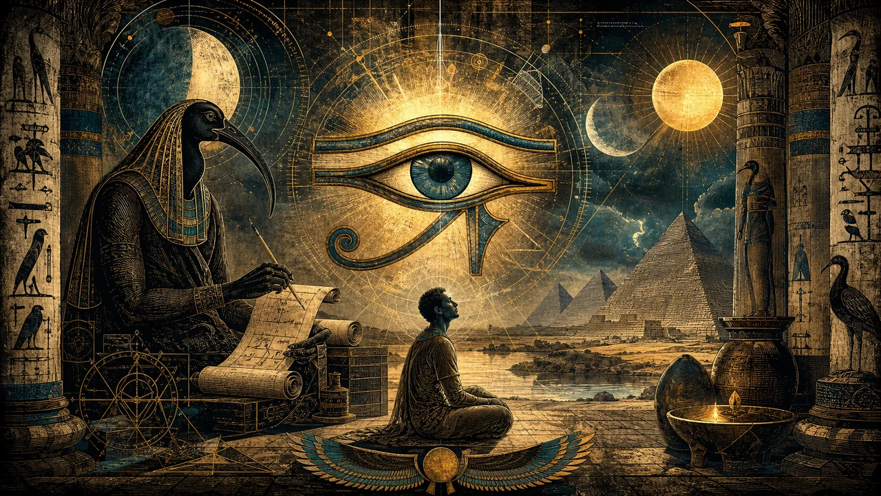 Cena simbólica egípcia com Olho de Hórus, Thoth e visão espiritual interior