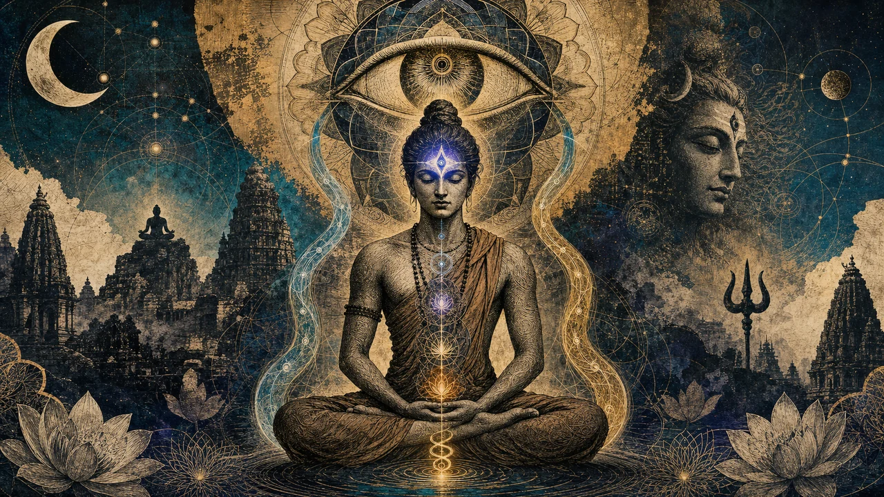 Pessoa em meditação com energia equilibrada no Ajna Chakra em um cenário inspirado na cultura hindu
