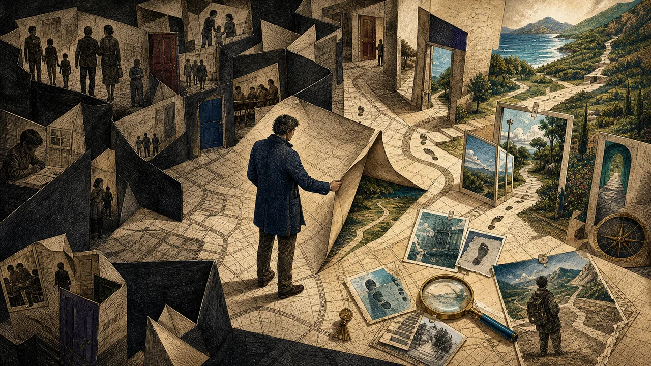 Pessoa observando estruturas mentais que representam crenças limitantes e novos caminhos possíveis