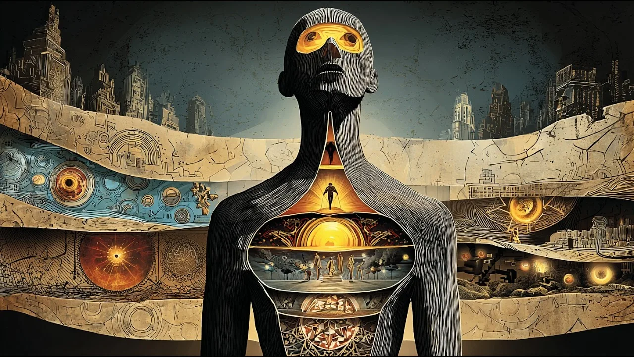 Figura humana com diferentes camadas de consciência, formas geométricas e realidades dimensionais