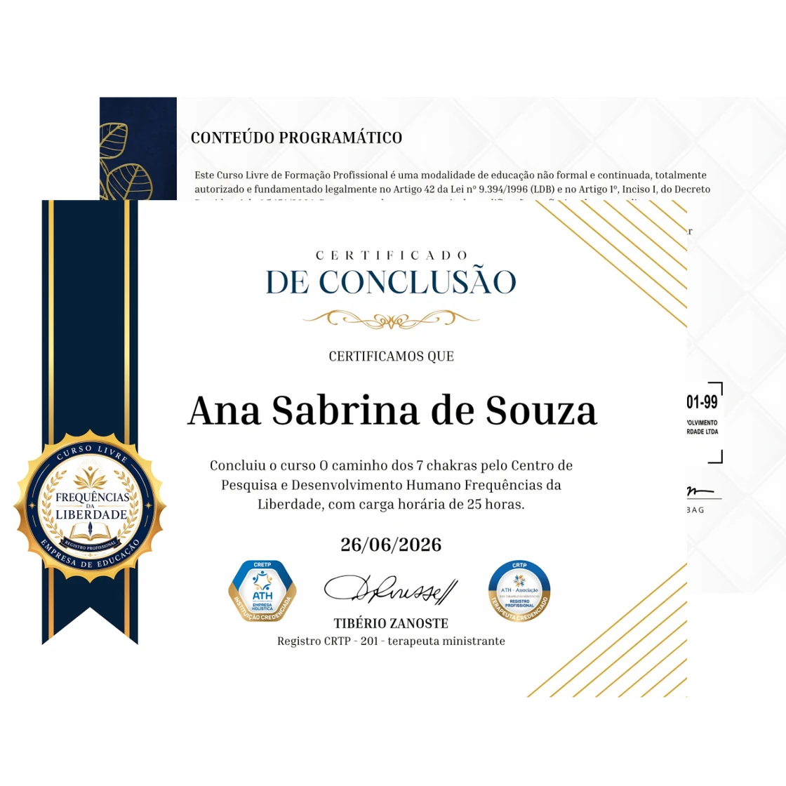 Certificado de conclusão e conteúdo programático do curso O Caminho dos 7 Chakras