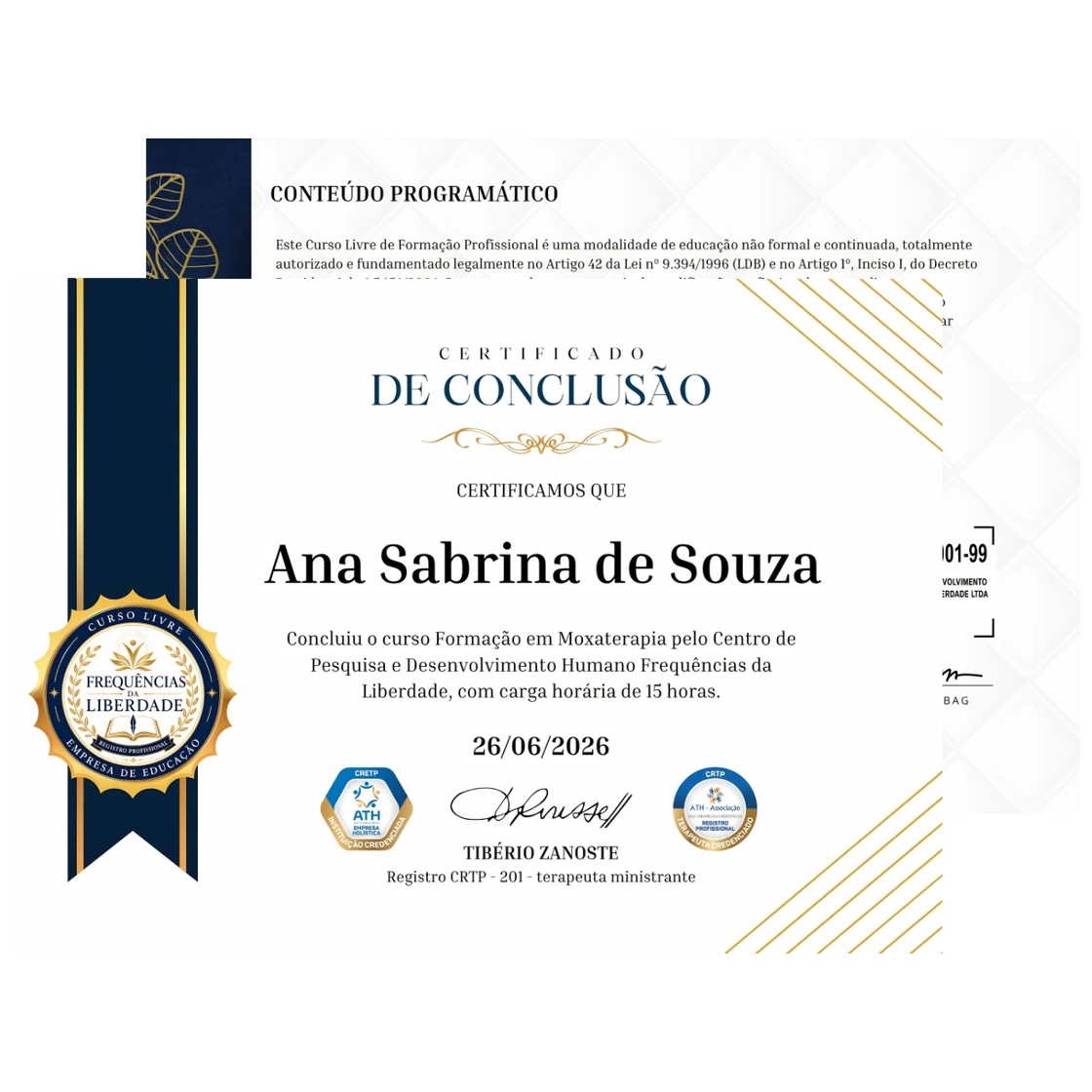 Certificado de conclusão e conteúdo programático do Curso de Formação em Moxaterapia