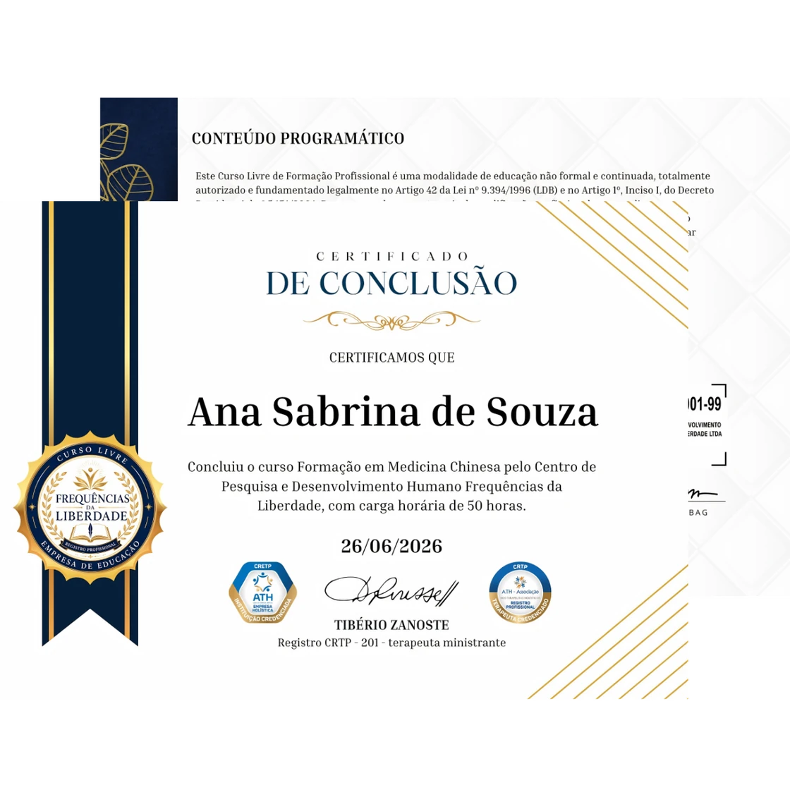 Certificado de conclusão e conteúdo programático do curso Formação em Medicina Chinesa